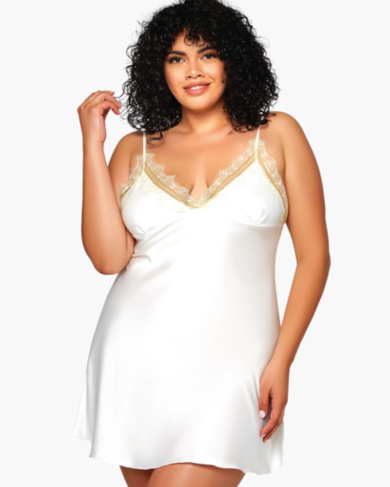Front of a model wearing a size 1X Allison Gold Lace-Trim Chemise in White by iCollection. | dia_product_style_image_id:253906